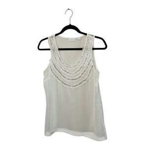 New York & Company White Beaded Embellished Sleeveless Blouse Sheer Tank Top